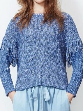Ulla Johnson Blue Marled Fringe Crewneck Sweater